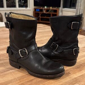 Frye Black Leather Buckle Boots